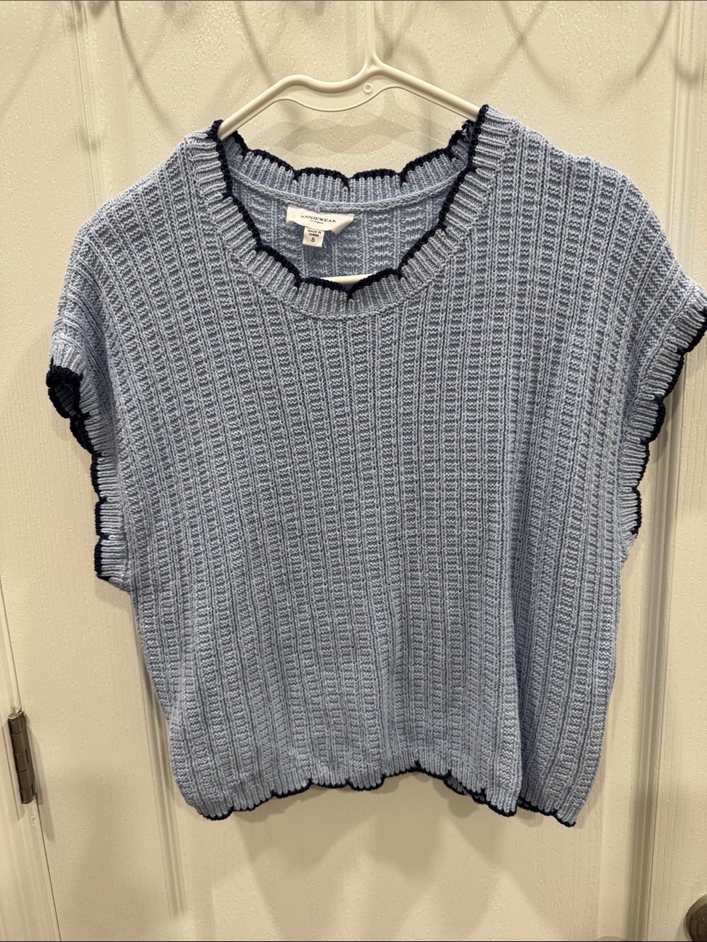 A New Day Scoop Neck Knit Sweater Vest in Light Blue with Navy Trim